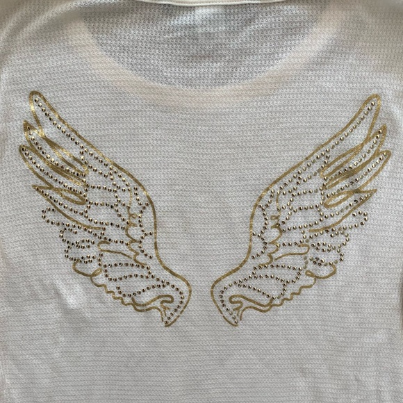 Victoria’s Secret Cream Gold Angel Wings Embellished Thermal Long Sleeve Pj Top - Picture 9 of 10